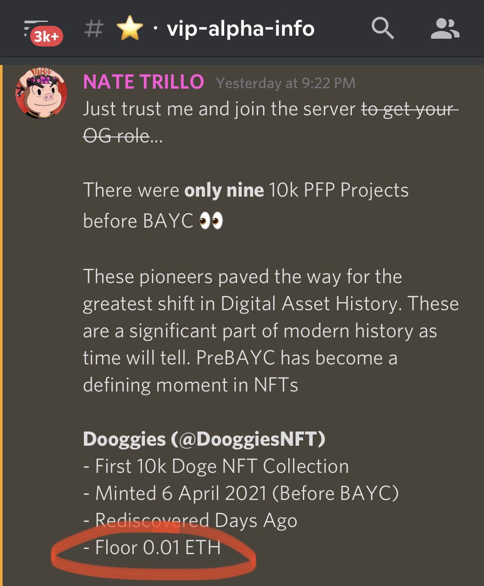 trillotrades's tweet photo. Just moments ago…

I called out a monster alpha play in my FREE discord: @DooggiesNFT, one of the nine 10K PFP projects to be minted before BAYC

I called it out when the floor was .01
3 Hours Later… Floor = 0.1
(10X in 3 Hours) 💪🚀

Also, BAYC copied traits from Dooggies 👀 https://t.co/ZqXM2nktB8