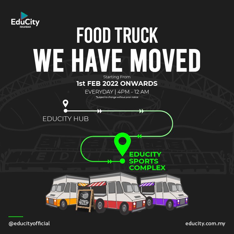 educityofficial's tweet photo. We have moved!

The Food Truck stationed at EduCity Hub has moved, but it has not gone far. Starting 1st Feb, our new location is at EduCity Sports Complex.

Operating every day from 4 pm to 12 am, fuel up your stomach with your favourite local, Western or even Korean cuisine! https://t.co/H8bnOSOZ46