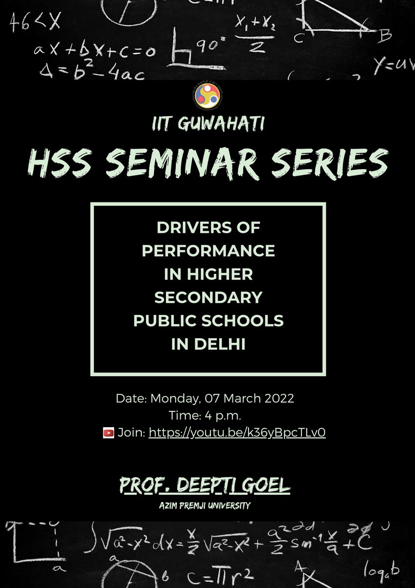 iitg_hss's tweet photo. Talk on "Drivers of Performance in Higher Secondary Public Schools in Delhi" by Prof. Deepti Goel

Date: 07 March 2022
Time: 4pm
Youtube Live link: https://t.co/CwUBle10i9 https://t.co/ySpkUz9Hie