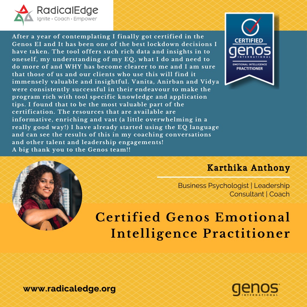 Radicaledge3's tweet image. Certified as Genos Emotional Intelligence Practitioner.

#radicaledgelearningconsultants #genosinternational #emotionalintelligence #emotionalintelligencecertification #eicoach #ei