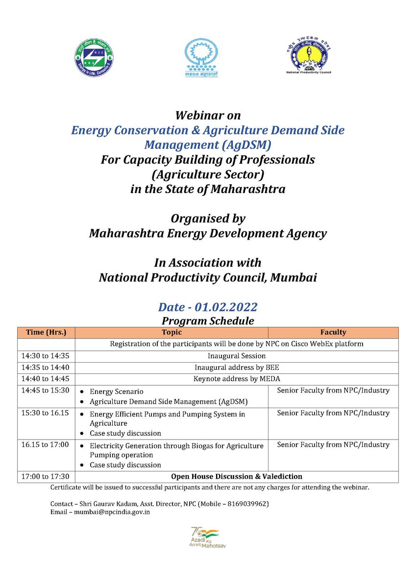 MumbaiNpc's tweet photo. @NPC_INDIA_GOV &amp; @mahaurja are organising webinar on "Energy Conservation &amp; Agriculture Demand Side Management". Date: 01.02.2022 from 2:30 to 5:30PM 
Regis. link- https://t.co/jxrSMKSVJZ
#energy @beeindiadigital #AgDSM @MSEDCL
@MahaDGIPR @AgriInfraFund @AgriGoI @AGROWON https://t.co/p0Z7YOfkas