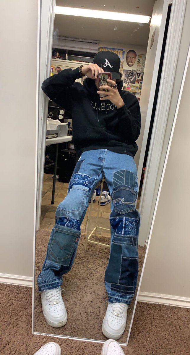 Patchwork pants I made for my clothing brand. 
 
instagram.com/oddball.appare… 

#oddball #streetwear #fashion #diy #custom #1of1 #supreme #bape #patchwork #design