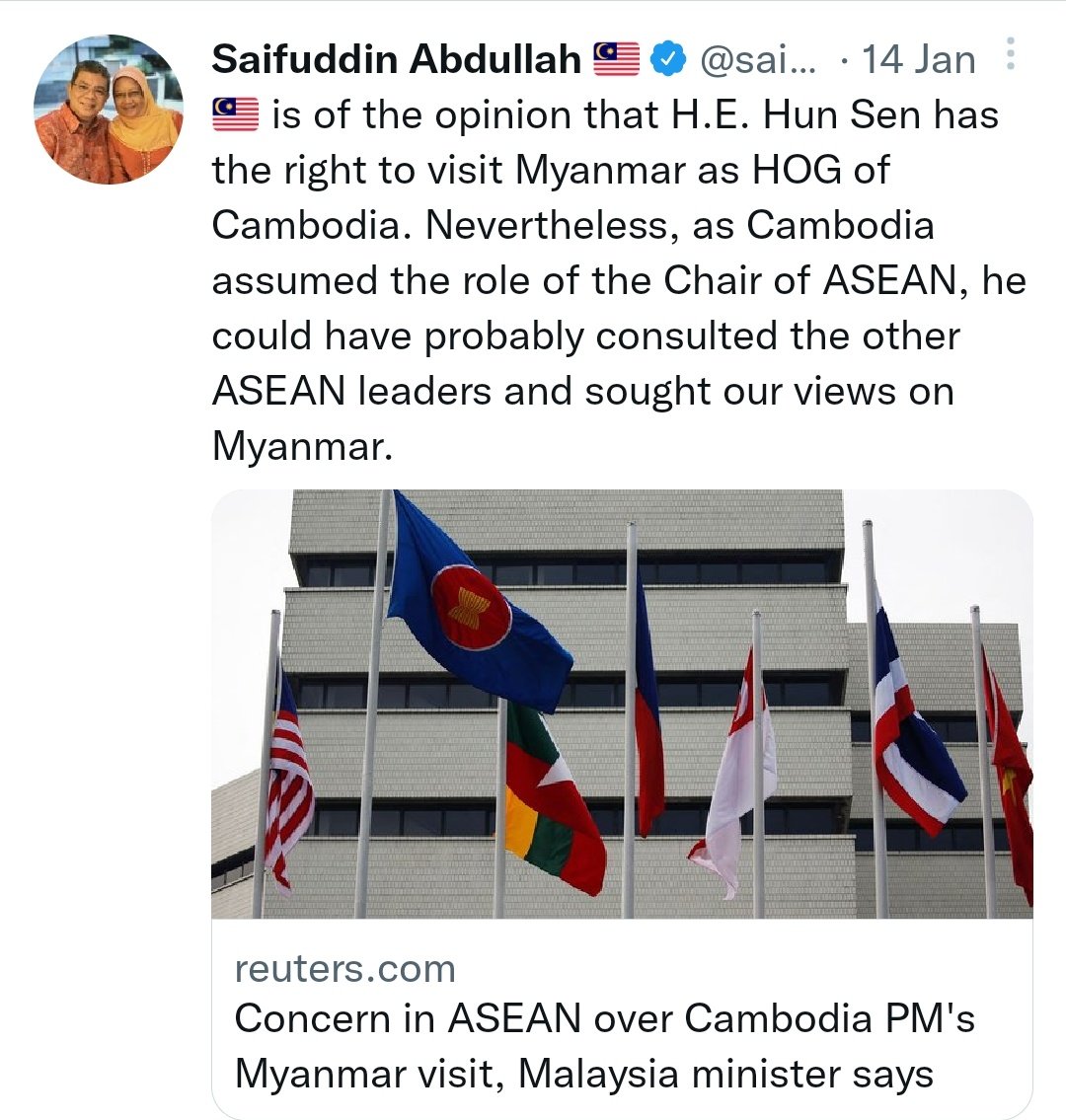 #Cambodia PM holds virtual meeting with his #Malaysia counterpart <a href="/IsmailSabri60/">Ismail Sabri</a>. This after Mr Hun Sen took offence at Malaysian Foreign Minister <a href="/saifuddinabd/">Saifuddin Abdullah 🇲🇾</a>'s comments about how the Cambodian leader's handling #Myanmar crisis channelnewsasia.com/asia/cambodia-… #WhatsHappeningInMyanmar