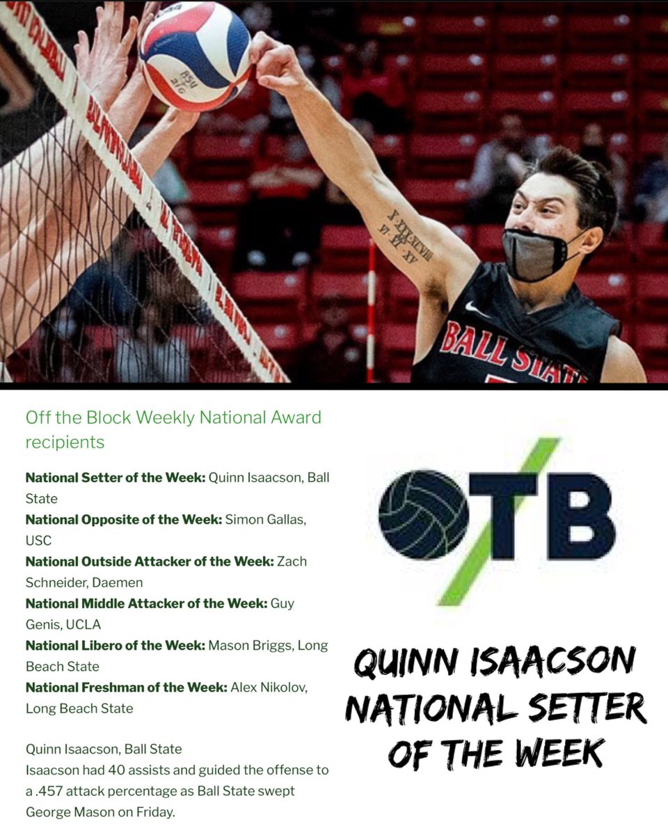 Club 1 Volleyball Club (@club1vbc) on Twitter photo 👀👀 Congratulations to '17 Alumni Quinn Isaacson on being named <a href="/offtheblock11/">Off the Block</a> National Setter of the week for @ballstatemvb 👀👀 Congratulations to '17 Alumni Quinn Isaacson on being named <a href="/offtheblock11/">Off the Block</a> National Setter of the week for @ballstatemvb