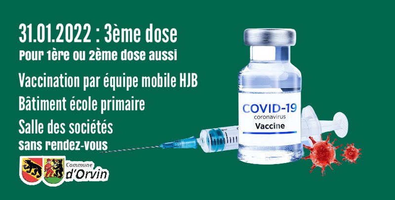 ⚠️ℹ️ INFORMATION OFFICIELLE ℹ️⚠️

Vaccination par l’HJBE avec une équipe mobile, présente entre 10h00 et 18h30. Sans rendez-vous (à prendre avec : carte d’assurance-maladie, une pièce d’identité, le code personnel VacMe si à disposition).

orvin.ch
#Orvin  #hjbe
