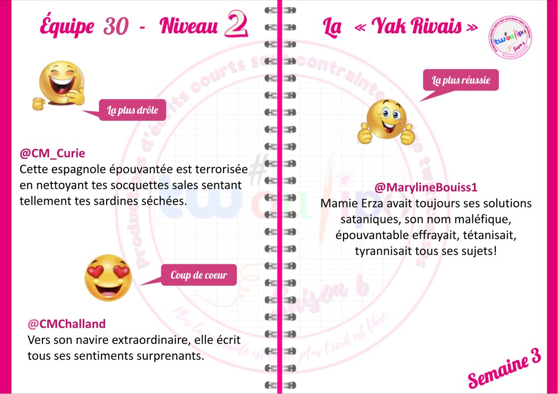 #Twoulipo #EQ30 
Une contrainte pas facile... mais tout de même de bien belles productions!!
Voici les kyrielles qui ont touchées votre cœur pour cette semaine 3
<a href="/CmChalland/">CM_Challand</a> 
<a href="/CM2_Esplanade08/">CM2 Esplanade08</a> 
<a href="/cm_petit/">Les CM du petit Prince</a> 
<a href="/CM_Curie/">CM - Pierre Curie</a> 
<a href="/MarylineBouiss1/">Maryline Bouisseren</a> 
<a href="/ClasseTerraz/">Classe de G.TERRAZ (CM)</a> 
<a href="/Cmtousensemble/">Ensemble cm1/cm2</a>