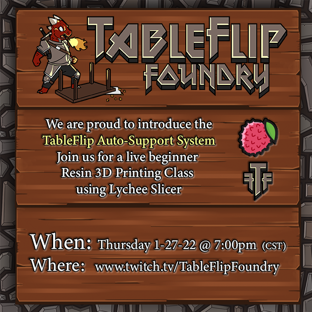 Join us for a free Beginner Resin 3D Printing class live on Twitch. We are also very excited to introduce a brand new system for auto-supporting your miniatures! Join us!
twitch.tv/tableflipfound…

@lycheeslicer
#3DPrinting #ResinPrinting #TableTopRPG #TTRPG #dnd