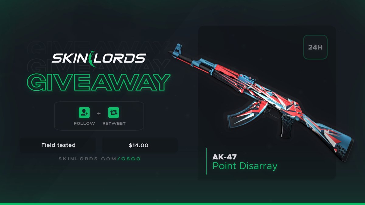 SkinLords's tweet photo. AK-47 Point Disarray 🎁 24H CSGO Giveaway!

✅ To enter:
- Retweet and Follow us
- Visit: https://t.co/tqzUglC2LB
- Tag a friend

Ends in one day! Good luck! https://t.co/brzFOwThEO