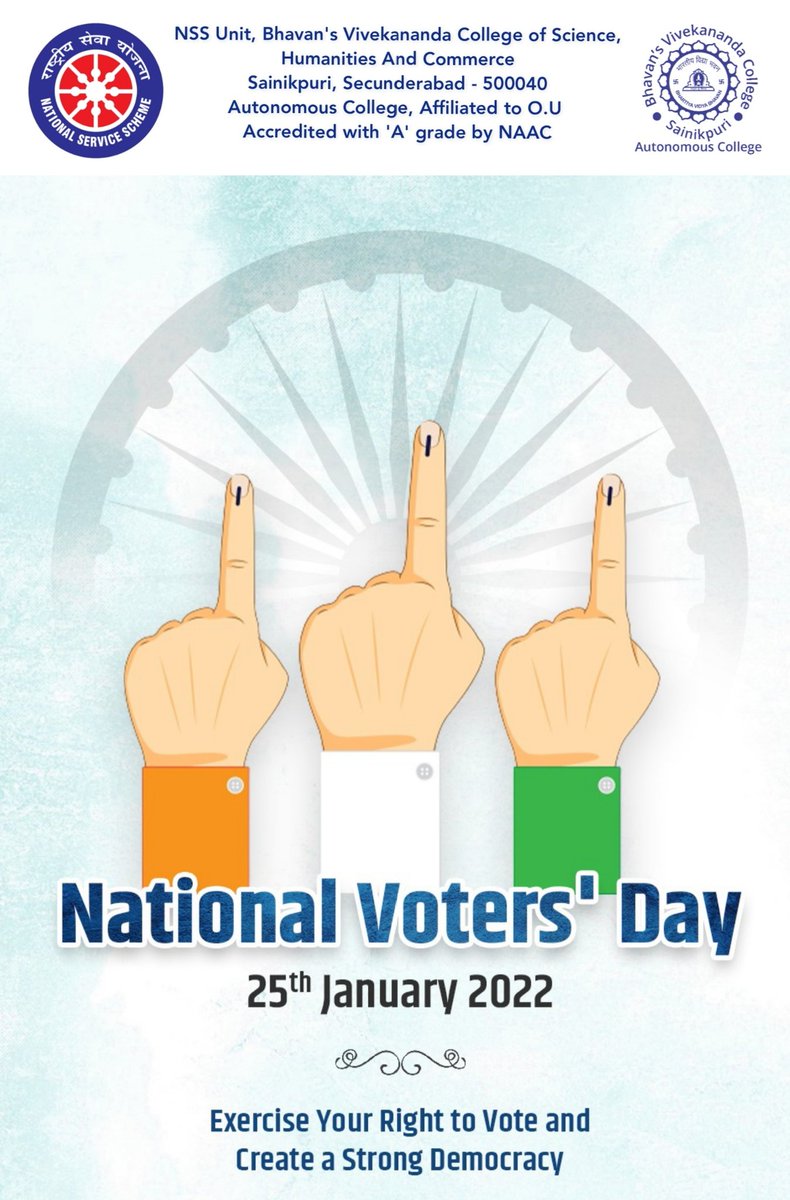NssBhavans's tweet photo. “Voting is the expression of our commitment to ourselves, one another, this country, and this world.” 
#NSS #bhavans #NationalVotersDay2022
@ECISVEEP @_NSSIndia @YASMinistry https://t.co/dJiFAwWJGv
