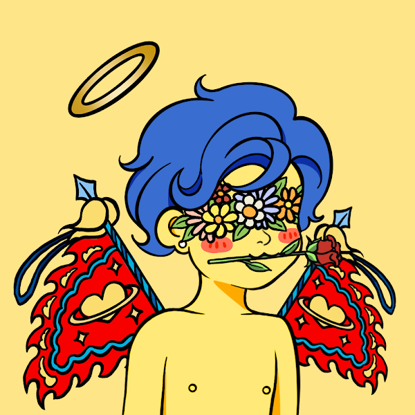 cupidlovemeta's tweet photo. Cupid #1 His dreamy blue hair reminds us of the blue sky. 
The eye patch of flowers and the rose around his mouth makes this little angel so mysterious and romantic. 👼
Look at his red banner wings, which is rare and more valuable. #giftforlove #CUPIDS #CLM https://t.co/B4p4rMtaQ5