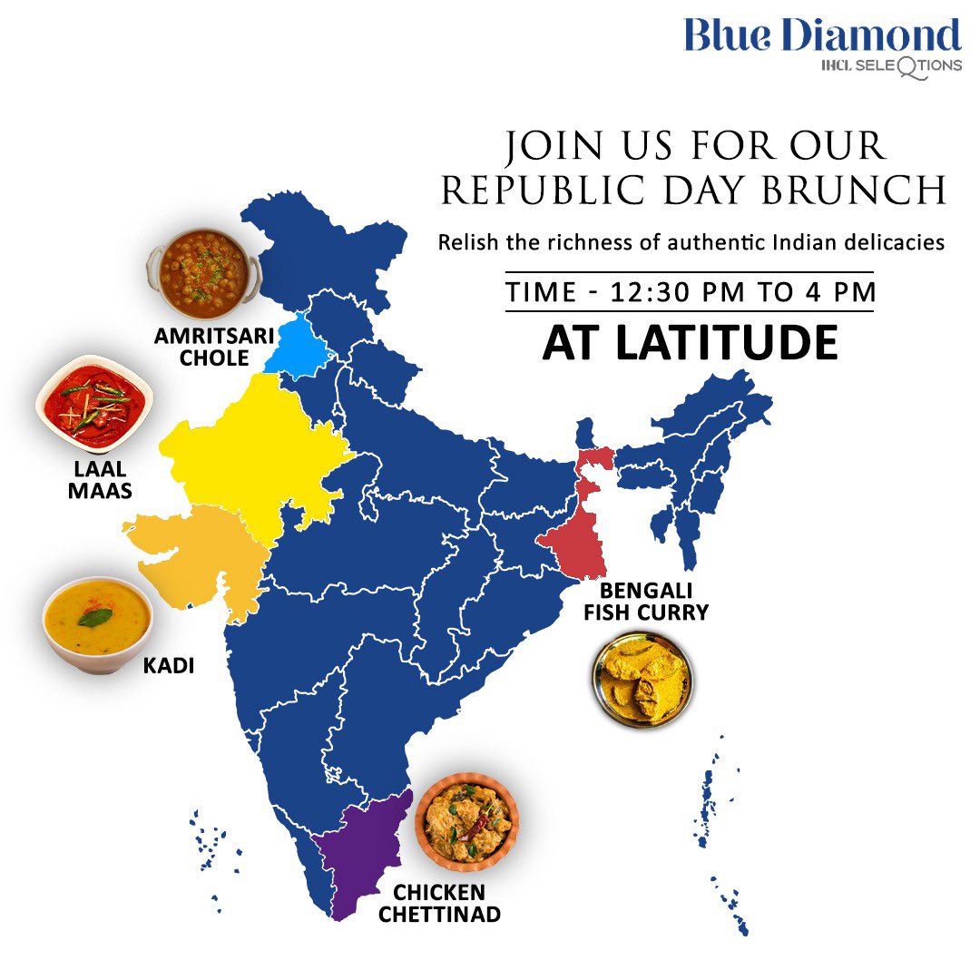 Join us for brunch on Republic Day to indulge in the richness of an array of authentic Indian dishes from around the country, from 12:30 pm to 4 pm, only at Latitude.

#BlueDiamondPune #Pune #SeleQtions #RepublicDay #Food