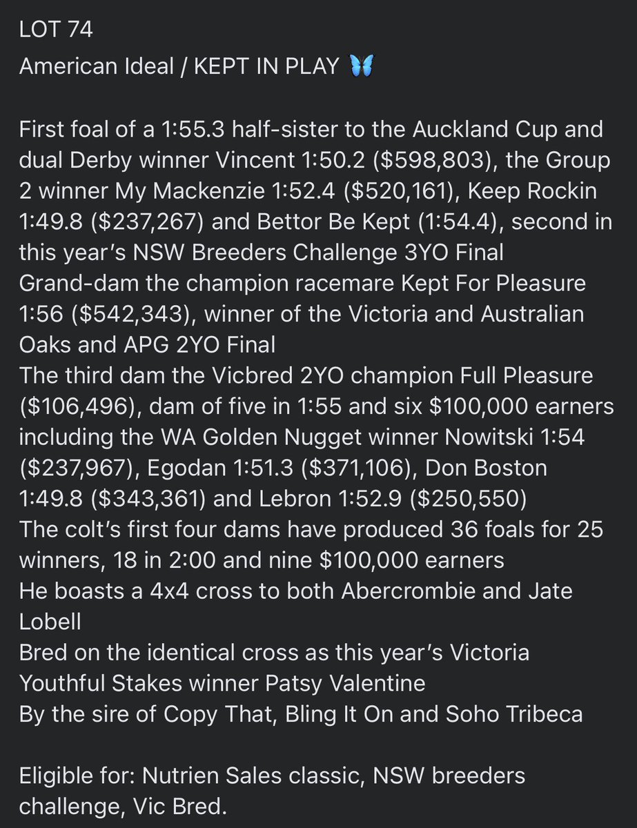 BenstudStandardbreds (@benstuds) on Twitter photo 2022 <a href="/NutrienEquineSB/">Nutrien Equine Standardbred</a> Sydney Sale!
LOT 74
American Ideal/ KEPT IN PLAY 🦋
Sydney Sale - 20th February 2022
Inglis riverside stables , Warwick farm
portal.nutrienequine.com.au/catalogues/49
benstudstandardbreds.com.au
Facebook: Benstud Standardbreds
Instagram: Benstudstandardbreds 2022 <a href="/NutrienEquineSB/">Nutrien Equine Standardbred</a> Sydney Sale!
LOT 74
American Ideal/ KEPT IN PLAY 🦋
Sydney Sale - 20th February 2022
Inglis riverside stables , Warwick farm
portal.nutrienequine.com.au/catalogues/49
benstudstandardbreds.com.au
Facebook: Benstud Standardbreds
Instagram: Benstudstandardbreds