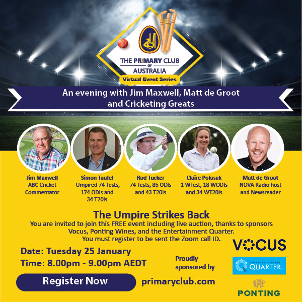 PrimaryClubAust's tweet photo. Join us online on TONIGHT, at 8pm AEDT for the fifth and final webinar in our 2021/22 series, titled "The Umpire Strikes Back!", when our special guests will be @simontaufel69, Claire Polosak and Rod Tucker, co-hosted by @jimmaxcricket and @mattdegroot_ .
https://t.co/uWirRyYA1G https://t.co/AKFy0BHlB8
