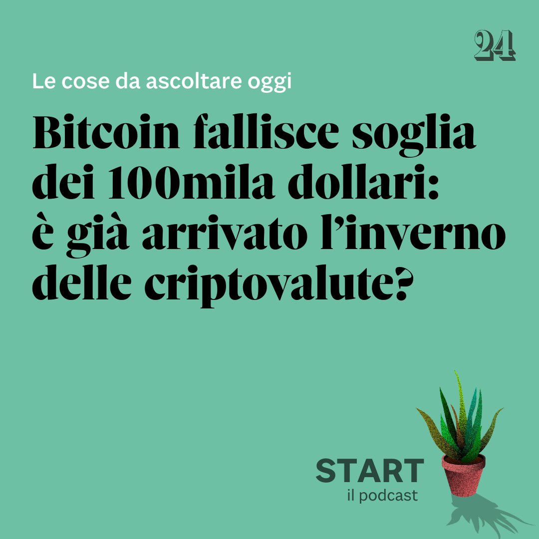 sole24ore's tweet photo. #Bitcoin fallisce la soglia dei 100mila dollari. #Computerquantistico: #Amazon lancia servizio di calcolo per ricerca e sviluppo di software. #Scuola: regole più semplici per la gestione dei positivi. Se ne parla oggi a #Start, il podcast del #Sole24Ore: https://t.co/IPIyfDQh6e https://t.co/WUTRhFBZGN