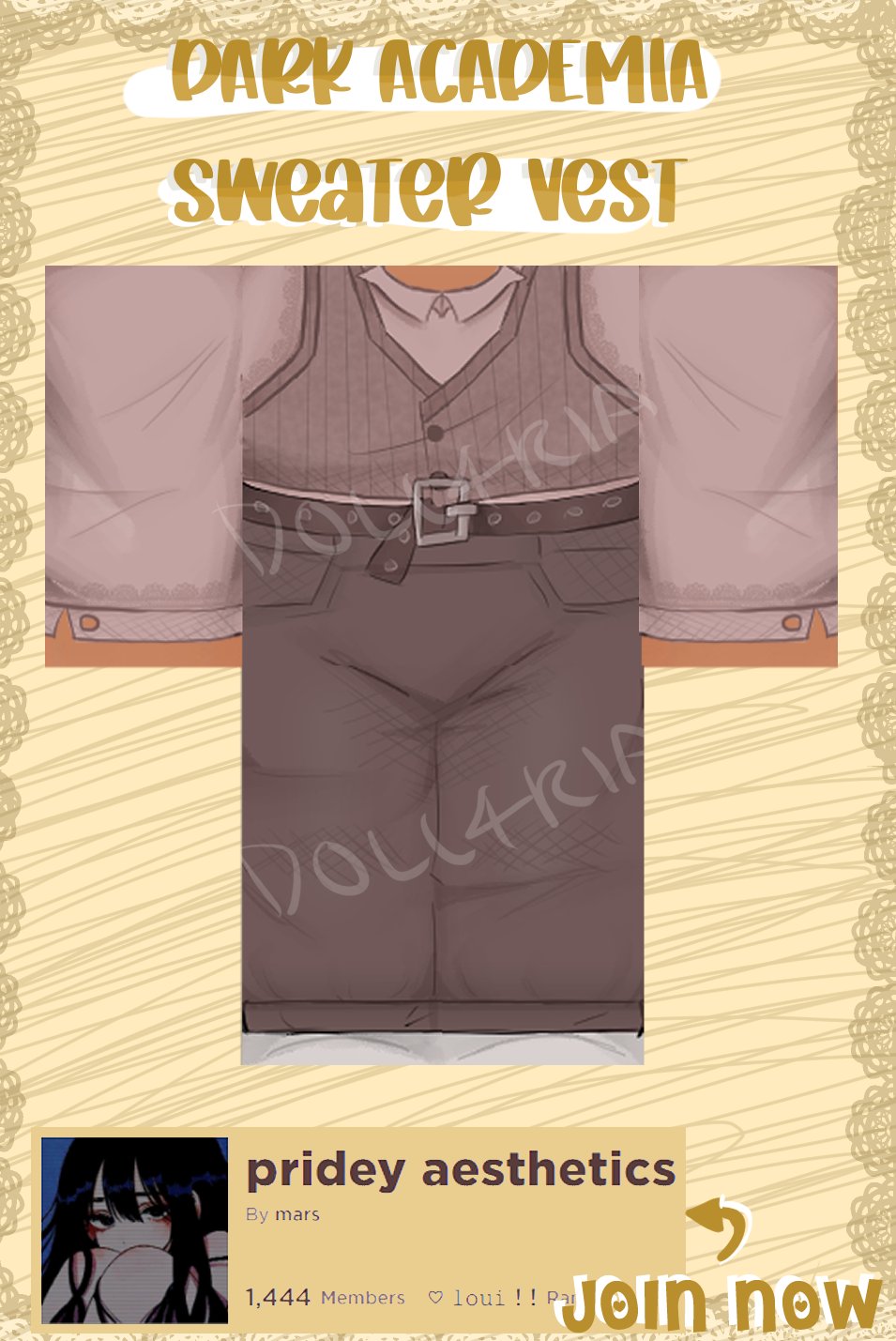 doll4ria on X: New dark academia Robox design out at Pridey Aesthetics!  DOLL4RIA credits don't appear on outfit. Top:   Pants:  #roblox #robloxart #robloxclothing  #robloxdesign #robloxclothingdesigner