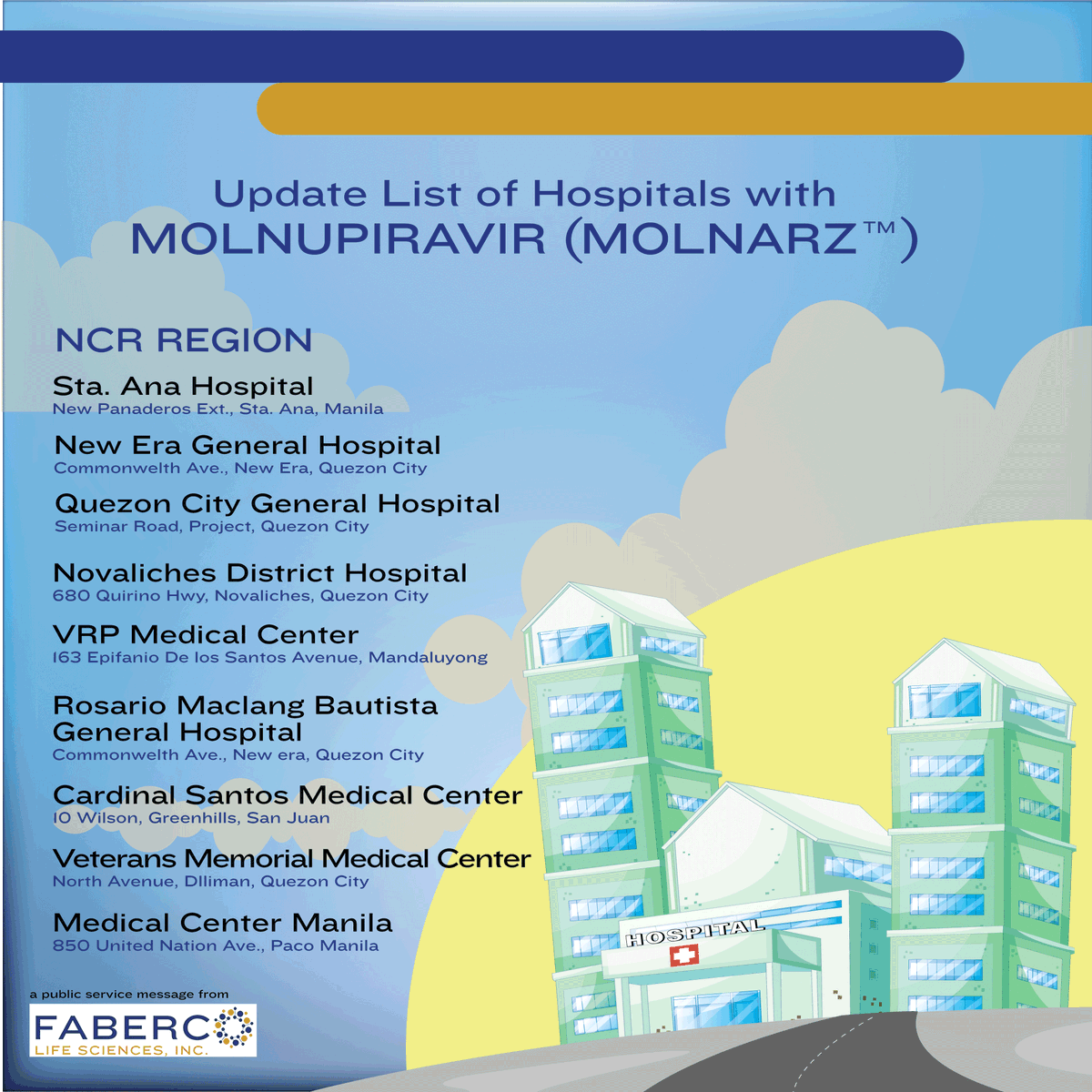 fabercolife's tweet photo. List of Hospitals with Molnupiravir (Molnarz™) updated as of January 25, 2022.
Molnarz™ is a Molnupiravir brand granted Emergency Use Authorization (EUA) by the Philippine Food and Drug Administration (FDA). https://t.co/IRh1Lxqg5Z