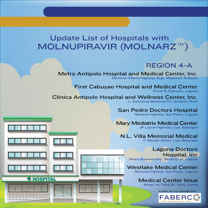 fabercolife's tweet photo. List of Hospitals with Molnupiravir (Molnarz™) updated as of January 25, 2022.
Molnarz™ is a Molnupiravir brand granted Emergency Use Authorization (EUA) by the Philippine Food and Drug Administration (FDA). https://t.co/IRh1Lxqg5Z