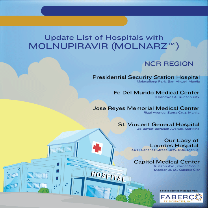 fabercolife's tweet photo. List of Hospitals with Molnupiravir (Molnarz™) updated as of January 25, 2022.
Molnarz™ is a Molnupiravir brand granted Emergency Use Authorization (EUA) by the Philippine Food and Drug Administration (FDA). https://t.co/IRh1Lxqg5Z