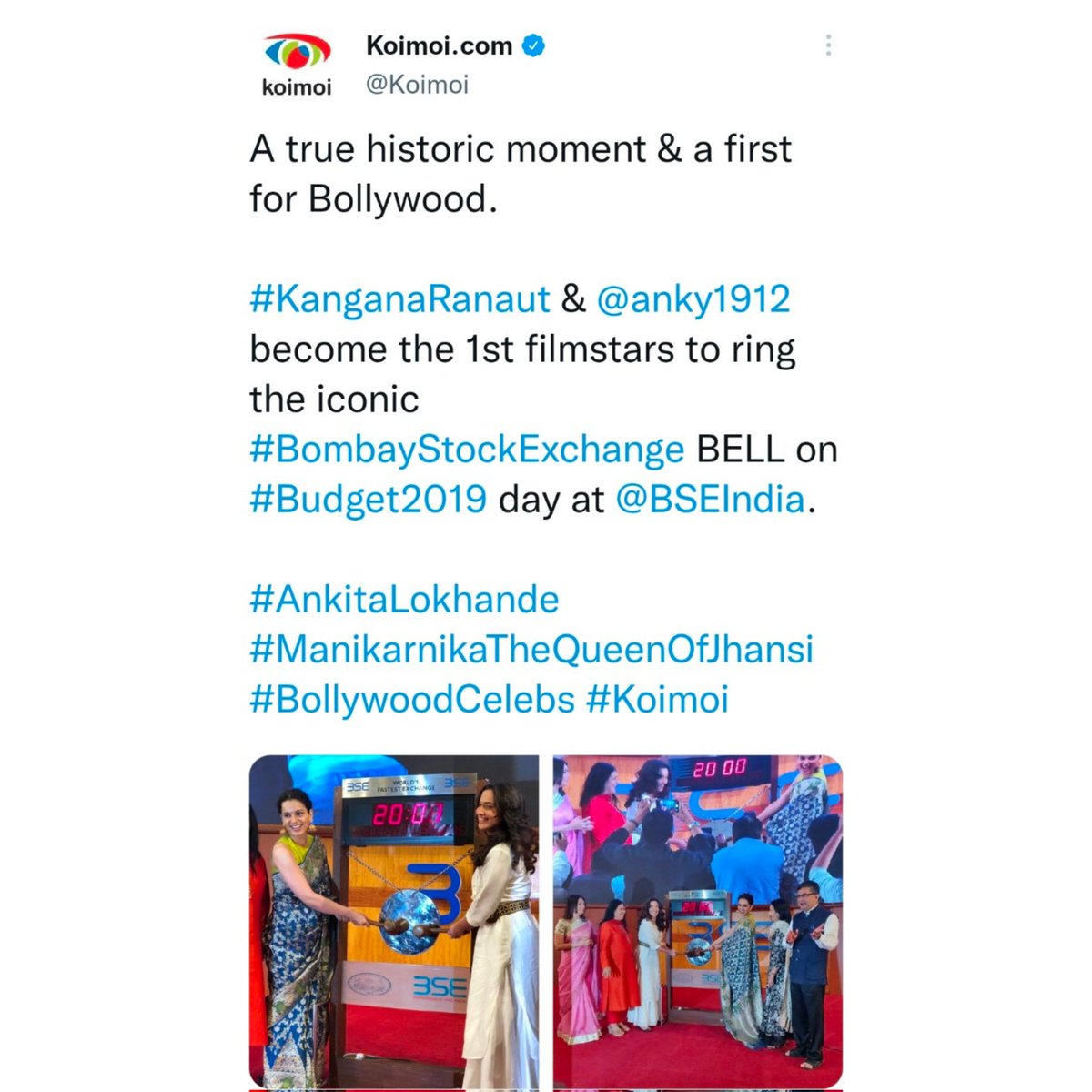 Throwback To This Historic Moment

#KanganaRanaut & #AnkitaLokhande became the 1st Filmstars to the ring the iconic #BombayStockExchange Bell On #Budget2019 day at @BSEIndia.

Celebrating #3YearsOfManikarnika