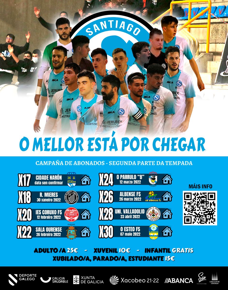 Santiago_Futsal's tweet photo. CAMPAÑA DE 𝗔𝗕𝗢𝗡𝗔𝗗𝗢𝗦 💳 | Segunda Vuelta

❗️ #OMellorEstáPorChegar

Despois dunha gran primeira volta do noso equipo, sacamos unha nova oportunidade para vivir connosco o #RetornoÁsOrixes💙

🔗 Máis info: https://t.co/C0y6uZwfBz

👉 Abónate o próximo día en taquilla! https://t.co/8KaSZ73VDm