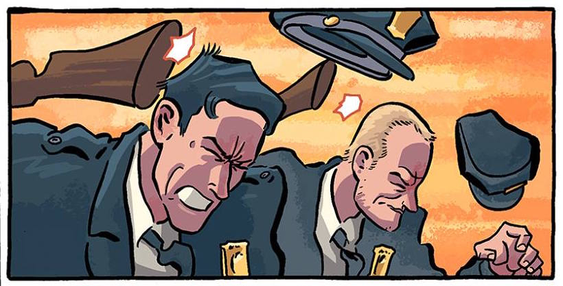 Because sometimes folks ask; my profile pic is from Dynamite's WILL EISNER'S THE SPIRIT #12, in which I drew Brennan Wagner and myself as cops getting our lights smashed in, as well as Matt Wagner as a wanted crook, "Beowulf Blake" (which I thought was really clever at the time) 