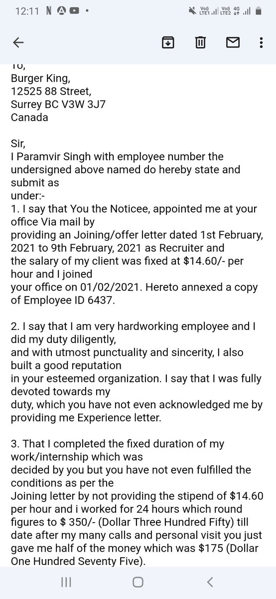 MessiDeven's tweet photo. Non payment of salary i have already tried an informal conversation via email regarding issur even after a month they haven't addressed my issue. So here it's public message if still issue persists legal action will be taken.
@BurgerKing @BurgerKingCAN  @CitImmCanada @Canada https://t.co/EBOKRfvfz2