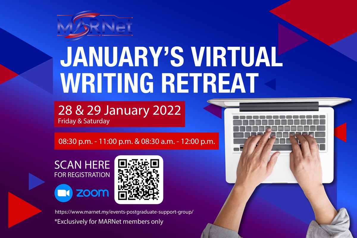 malaysianarnet's tweet photo. The MARNet Postgraduate Support Group will organise a monthly writing retreat for its members, which will be run in a virtual format. The session will take place every Friday and Saturday at the end of every month. 

#writingretreat #marnet #actionresearch https://t.co/hvYqsG5Xig