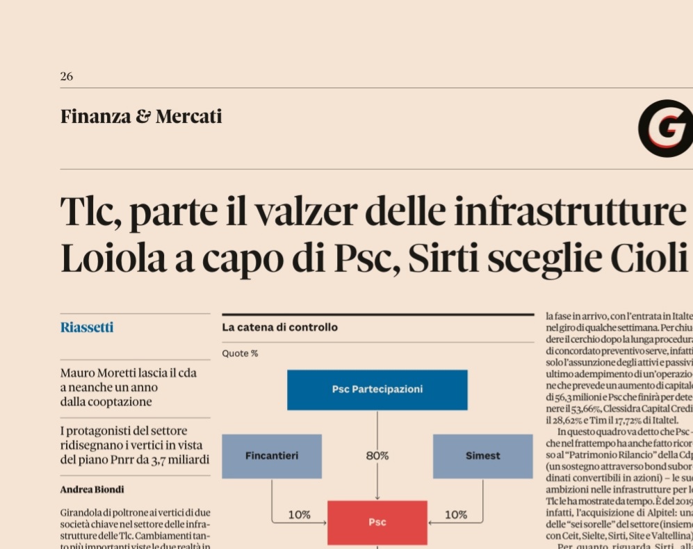 An_Bion's tweet photo. Girandola ai vertici di società attive nelle infrastrutture delle #TLC. In #Psc arriva @robloiola e subentra a Mauro #Moretti. E in #Sirti arriva Laura #Cioli. Oggi sul @sole24ore in #edicola #rassegnastampa https://t.co/P9hXY1nCs6