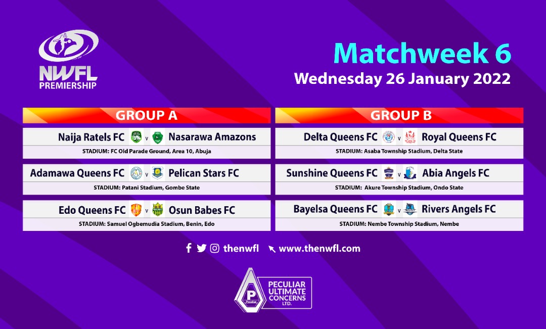 TheNWFL's tweet photo. NWFL Premiership 2022| Week 6 Fixtures|
Naija Ratels FC Vs Nasarawa Amazons FC | Area 10 Sports Complex, Abuja | #NAINAS
Adamawa Queens Vs Pelican Stars | Pantanmi Stadium, Gombe | #ADAPEL
Edo Queens FC Vs Osun Babes FC | Samuel Ogbemudia Stadium, Benin | #EDOOSU https://t.co/K2VAhYe4tz