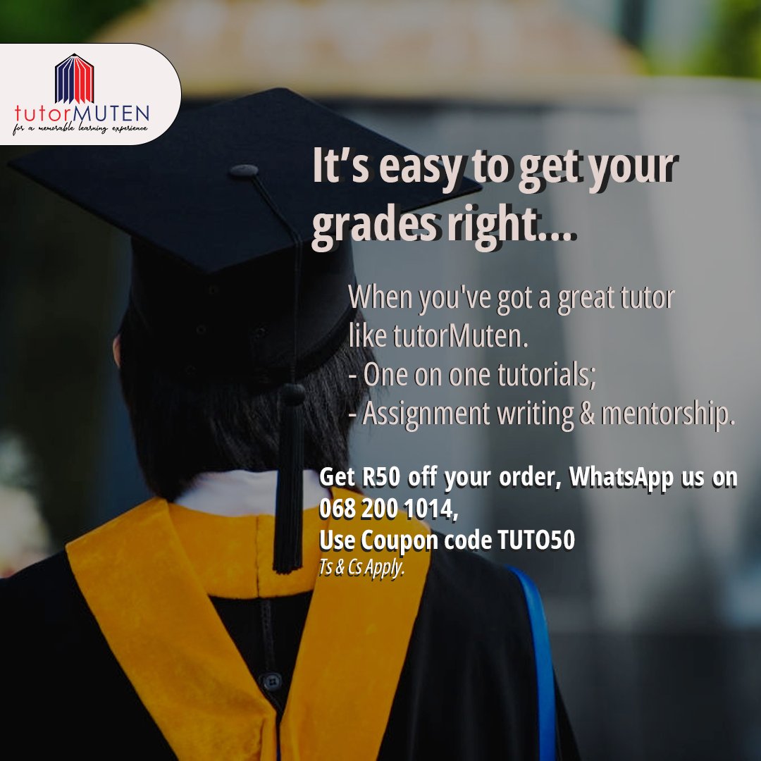 tutorMuten's tweet photo. Ever wonder how it is that others seem to score high marks? Go on contact tutor Muten, and you’ll learn how to get higher grades and apply the same “secret weapons“.
WhatsApp us on 068 200 1014.

##Assignment #Assignmentdue | MacG | #dstvcompactcup | tutor | Ari Lennox | https://t.co/Zq151btfdF