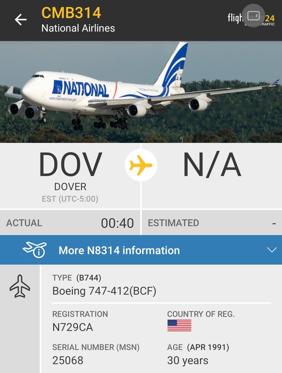 Gerjon_'s tweet photo. 😅After two 🇺🇲U.S. Transportation Command flights to 🇺🇦Kyiv Boryspil in recent days, #CMB312 and #CMB313, one callsign would make most sense for flight 3: #CMB314!

Indeed that very flight is currently en route from 🇺🇲Dover AFB.

Another National Airlines Boeing 747: 🇺🇲N729CA. https://t.co/ujo2PMkYG1