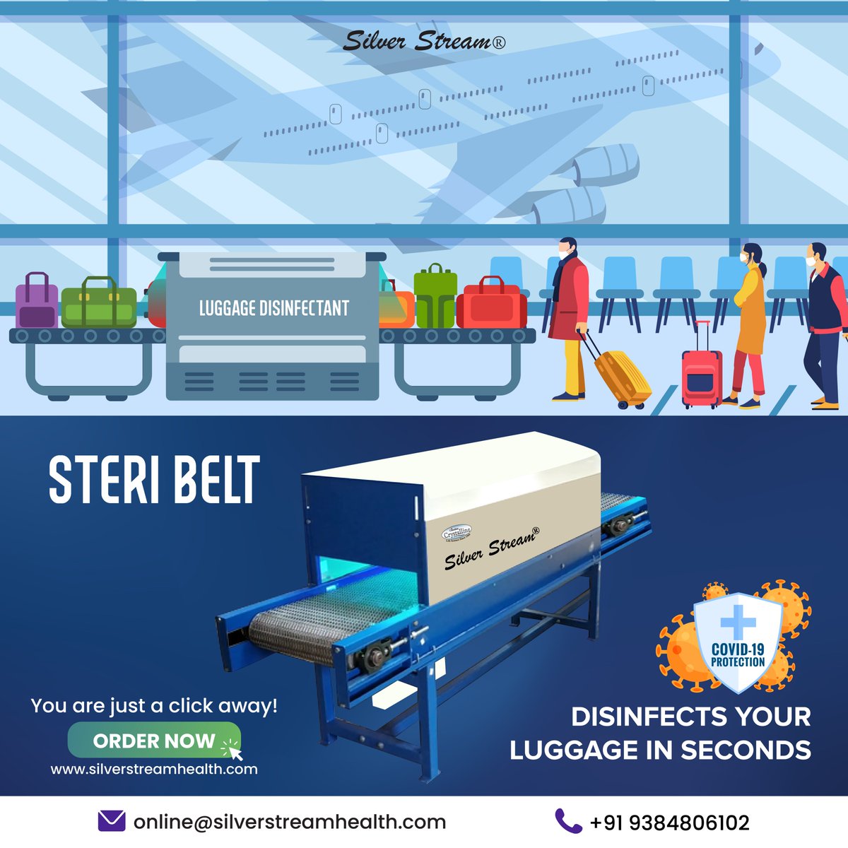 ccwilgroup's tweet photo. #Silverstreamhealth 's #UVSteriBelt Disinfects Your Luggage in Seconds. 
To order ring us at 93848 06102 or purchase online at https://t.co/UOipCLnLrr

#steribelt #uvbelt #steribeltdisinfectionsystem #canadoancrystallinegroup #ultravioletproducts #uv #sterilization #belt #corona https://t.co/hjvbW5hmBj
