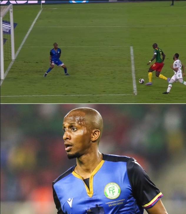 EPLSL's tweet photo. In AFCON game yesterday all three Comoros' goalkeepers were unavailable due to COVID & Injury, Chaker Alhadhur, who is originally Comoros' left-back took the keeper job, forgot he was a goalkeeper and put his hands behind his back on Cameroon's second goal. https://t.co/Y3vN3RR1OE