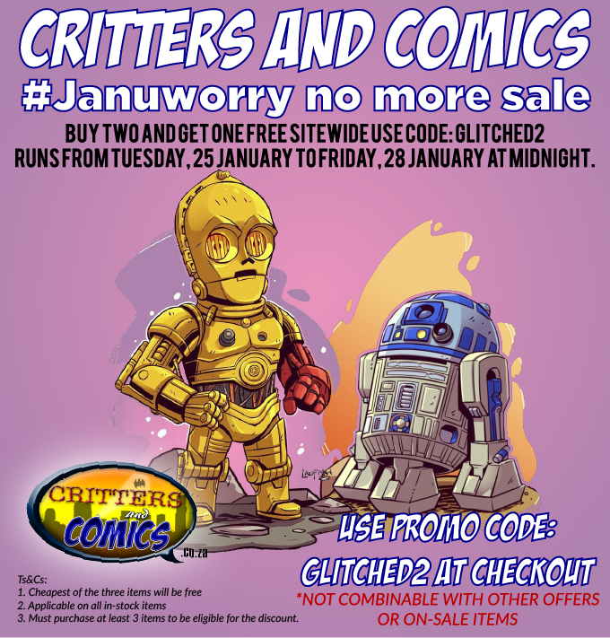 CrittersComics's tweet photo. #Januworry-no-more! Pay for 2 items and get a third one FREE! Use coupon GLITCHED2 at checkout when you order 3 items (or more) and your order is above R500 - get the cheapest item of the three for FREE! Go to https://t.co/HYI7aQLHdt
@_GLITCHED_ #funkopop #comics #sale https://t.co/VjvK4YyOtx