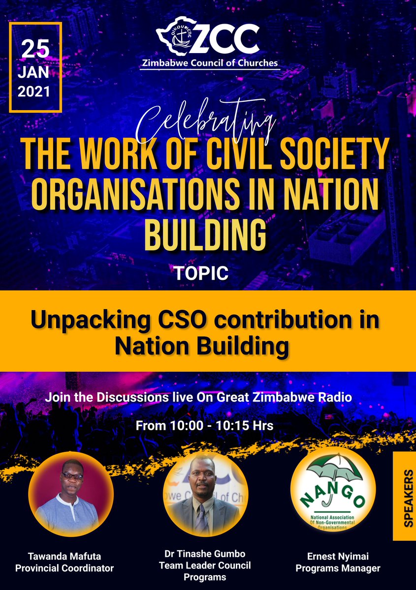 zccinzim's tweet image. This week the ZCC is celebrating the work of Civil Society Organizations across the country. This morning we'll be on @ZimbabweRadio at 10:15

"Unpacking CSO contribution in Nation Building."

Tune in to 89.5FM to follow the conversation.

#ConversationOfHope
#PVOBill