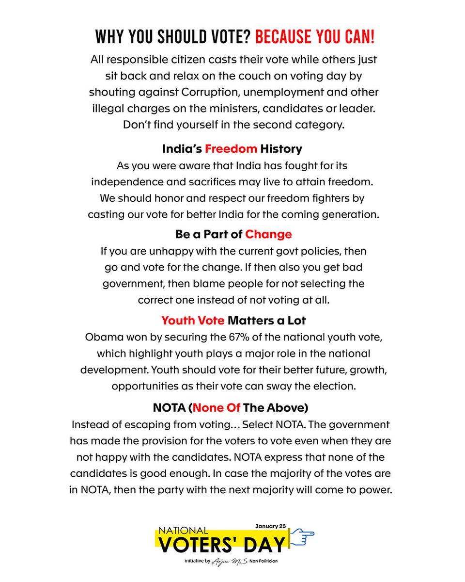iamArjunMS's tweet photo. #Obama won by securing the 67% of the national youth vote, which highlight youth plays a major role in the national development. Youth should vote for their better future, growth, opportunities as their vote can sway the election

#Vote #NationalVotersDay #arjunms #nonpolitician https://t.co/pWa1RK6btm