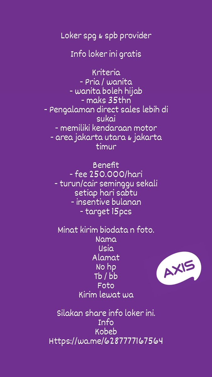 Mohon rt min. Tks
<a href="/lokerspg/">LokerSPG</a> <a href="/lokerdotid/">Loker.id - Job Portal</a> <a href="/JobFresh/">#Loker #Promo #BSNP #JSI</a> <a href="/bursakerja20/">Lowongan Kerja Loker</a> <a href="/carilowongan/">Zens</a> <a href="/bursaloker/">Bursa Lowongan Kerja</a> <a href="/cdcindonesia/">carbon digital conference</a> <a href="/IDNewsLoker/">Lowongan Kerja ID</a> <a href="/SpgEventID/">SPG Usher Model MC</a> <a href="/InfojobSPG/">Lowongan SPG</a> <a href="/infokerjaID/">Lowongan Kerja</a> <a href="/Jobstreetdotcom/">Bursa Lowongan Kerja</a> <a href="/jobvac/">Info Lowongan Kerja</a> @LokerBagus <a href="/lokerhariini/">Lowongan Kerja</a> <a href="/lowonganlokal/">Lowongan Kerja Lokal</a> @mitralowongan <a href="/jakjobs/">lowongan kerja</a> <a href="/Seputar_Event/">Info Event SPG/SPB</a> <a href="/spgservice/">AGENCY SPG EVENT</a>