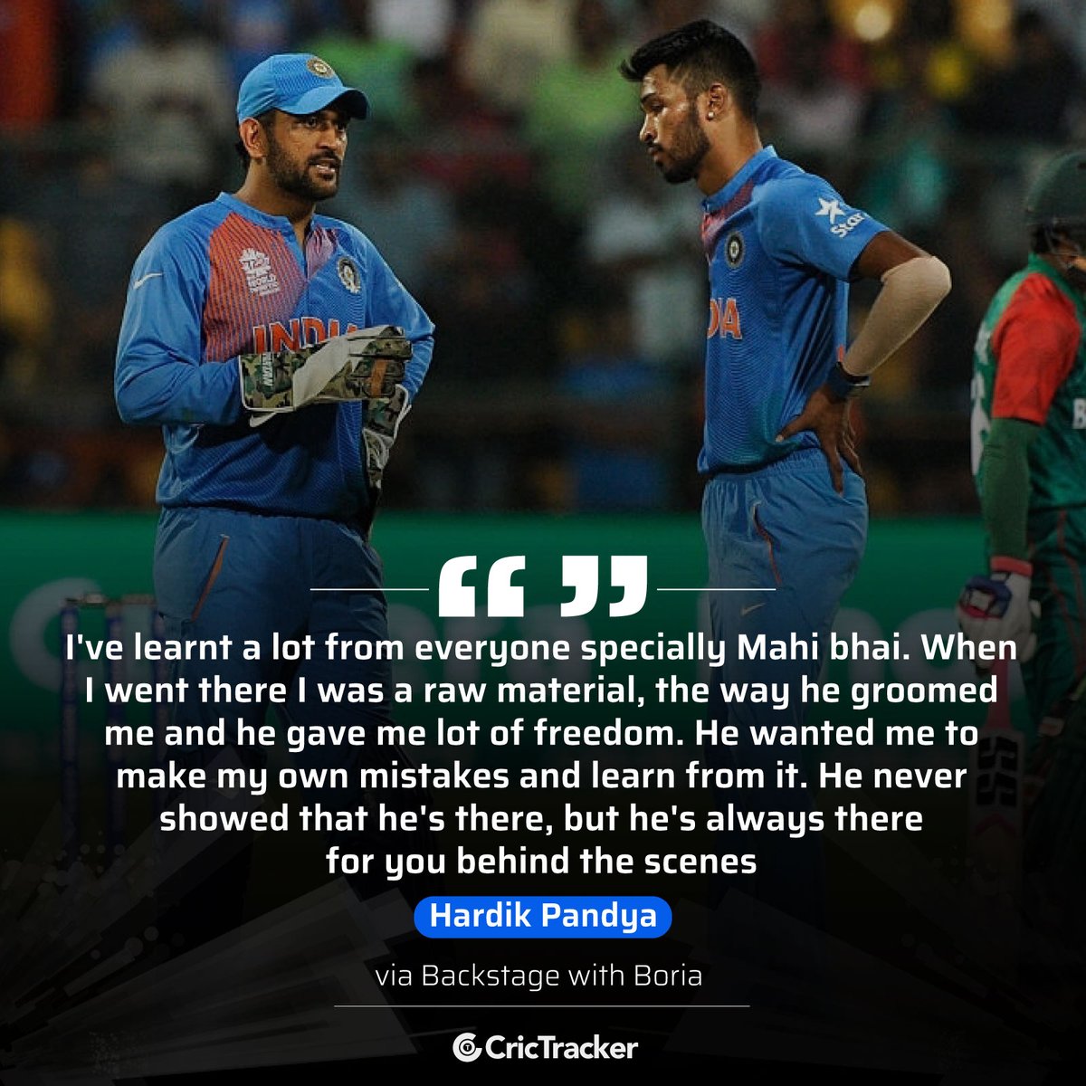 Cricketracker's tweet photo. .@hardikpandya7 reveals @msdhoni's role behind his growth in international cricket in an interview with @BoriaMajumdar.

#MSDhoni #HardikPandya #TeamIndia #CricTracker https://t.co/is84cP38gb
