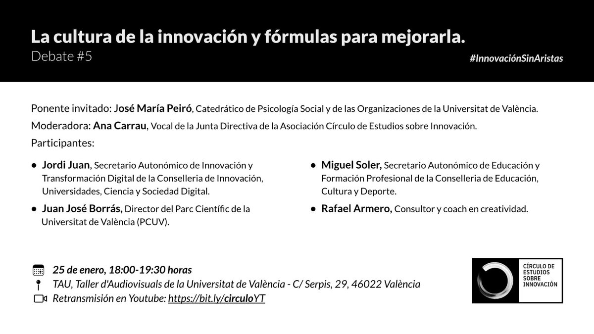 rafjuan's tweet photo. Esta tarde os esperamos a las 18 h en el Debate #5 del @CIRCULOInnov en el que se abordará la cultura de la #innovación y las fórmulas para mejorarla. Síguelo por streaming a través de #youtube https://t.co/TzhHGSpDWJ #InnovaciónSinArtistas Os esperamos!! #BuenosDiasATodos https://t.co/Sdj9zf2Y4e
