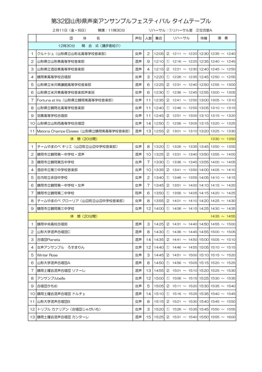 第32回山形県声楽アンサンブルフェスティバル
タイムテーブル
※新型コロナウィルス感染防止のためキャンセル団体が出る場合があります。その場合、時間の変更があるかもしれません。