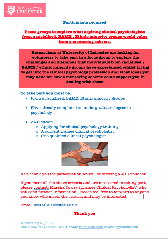 MarshaTowey's tweet photo. Please get in contact if interested in the research I am doing as part of my DClinpsy doctorate at Leicester University.

#clinpsych #BME #dclinpsy https://t.co/OnpqkBj6lH