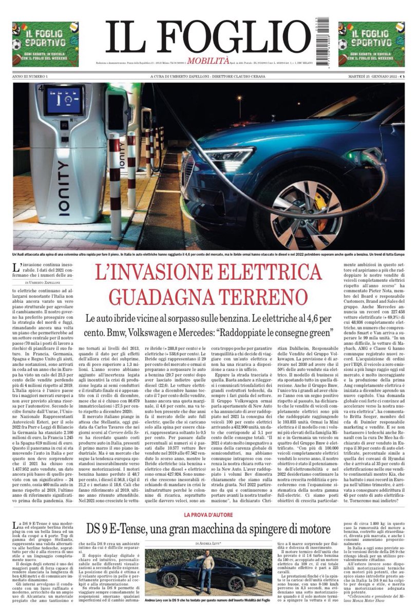 Con <a href="/ilfoglio_it/">Il Foglio</a> oggi trovate l’inserto dedicato alla #mobilita’. Dalla carica delle auto elettriche alla bici, passando per le novità già in strada e quelle del futuro presentate al #ces. Senza scordare la #Panda