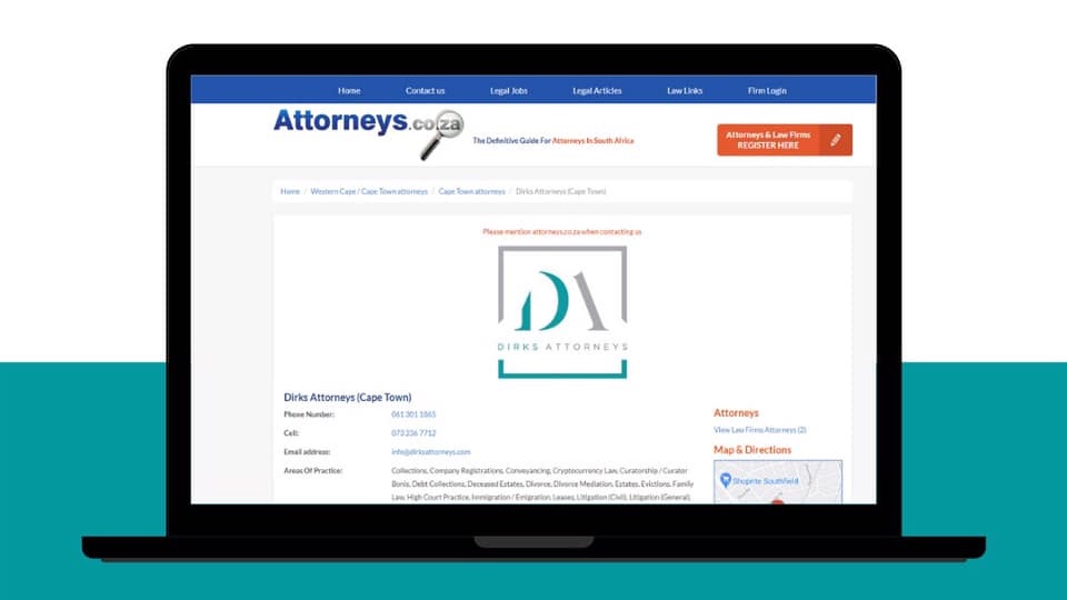 AttorneysinSA's tweet photo. Dirks Attorneys Cape Town - The FIRST law firm to be listed on https://t.co/m5eQn73WTQ offering #cryptocurrency Law https://t.co/MsPJaM2knJ #lawtwitter https://t.co/FgeRKIyXxg