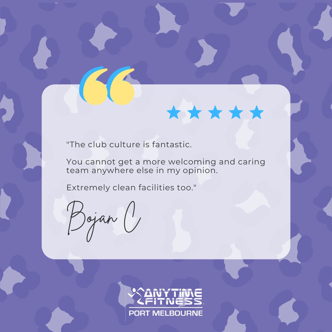𝗧𝗛𝗔𝗡𝗞-𝗬𝗢𝗨 𝗕𝗢𝗝𝗔𝗡💜✨ Big shout-out to one of our valued long-standing members Bojan for leaving this lovely review of our club & staff. It's members like you that make our club what it is! We appreciate you whole heartedly 🙌🏼 🥰 #PortMelbourne #AnytimeFitnessAustralia