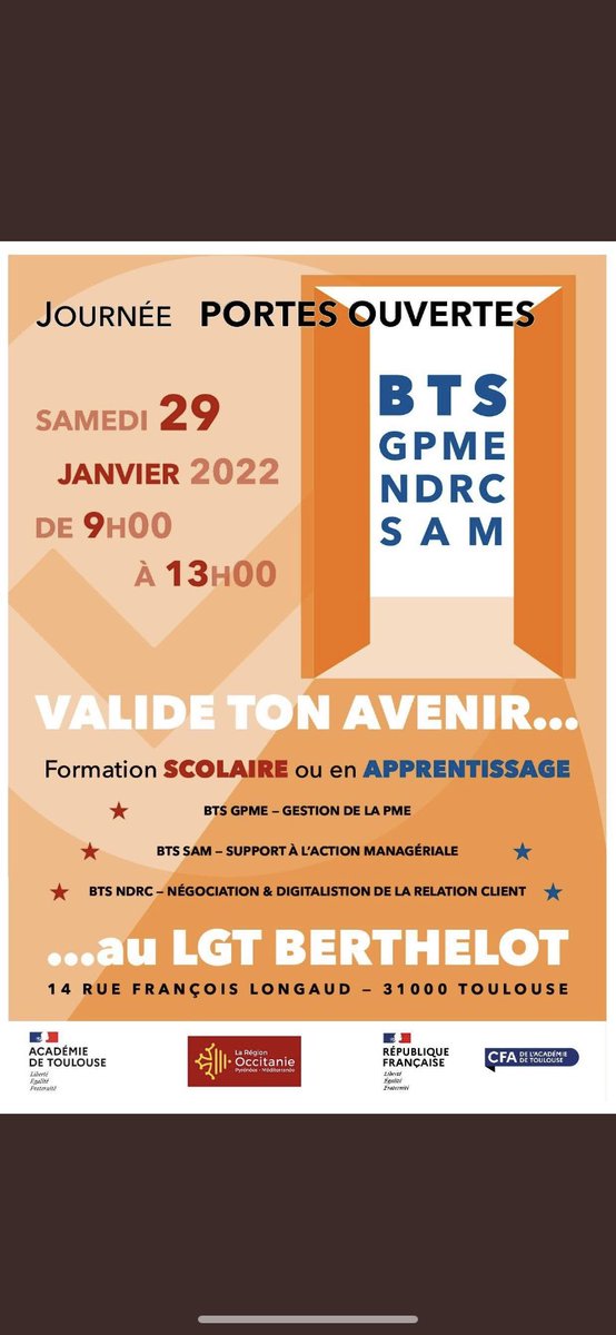 lycee_berthelot's tweet photo. JPO Post Bac @lycee_berthelot @actoulouse @DSDEN31 @Occitanie le samedi 29 janvier 2022. 
Venez visiter et venez rencontrer les équipes #BTS GPME, NDRC et SAM en #formationinitiale ou en #apprentissage. https://t.co/qCWbP4onCK