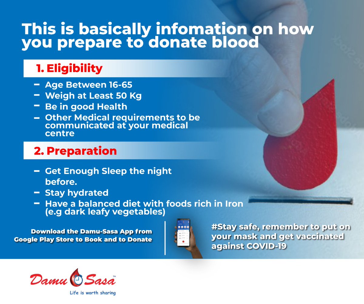 damu_sasa's tweet photo. Do you wonder or ask your self who is Eligible for blood donation, or how do you prepare your self before going to donate blood?

What to expect or what are the benefits of Donating blood ..Here are the insights 

Remember "Life is Worth Sharing" https://t.co/qIFRnUxZhs