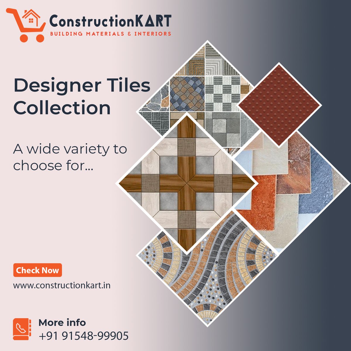 Constructionkrt's tweet photo. Pick the perfect designer tiles for your home. Give a stimulating and classic look to your floors with our latest collections.
Let's discuss the best quote
📞+91-91548 99905
Visit our online store: https://t.co/5AOIxKZO1m
#constructionkart #tiles #floortiles #floortiledesign https://t.co/1LaIUpzCHZ