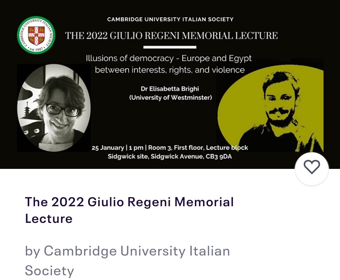 Il 25 gennaio 2016 Giulio Regeni viene rapito al Cairo. Pochi giorni dopo sarà trovato morto.
Oggi alle 14.00 (ora italiana) Elisabetta Brighi terrà a Cambridge la lezione commemorativa su "Illusioni di democrazia".
In streaming: youtube.com/channel/UCh7oB…

#veritàpergiulioregeni