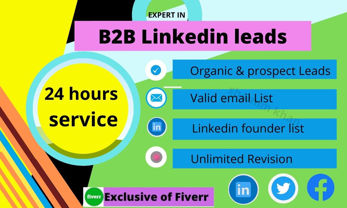 Hi, I have experience in lead Generation and Youtube promotion . I offer a wider range of internet research,LinkedIn,lead generation, email sourcing and contact list building service. Knock me any time for your project. Regards.
fiverr.com/share/jR84xo