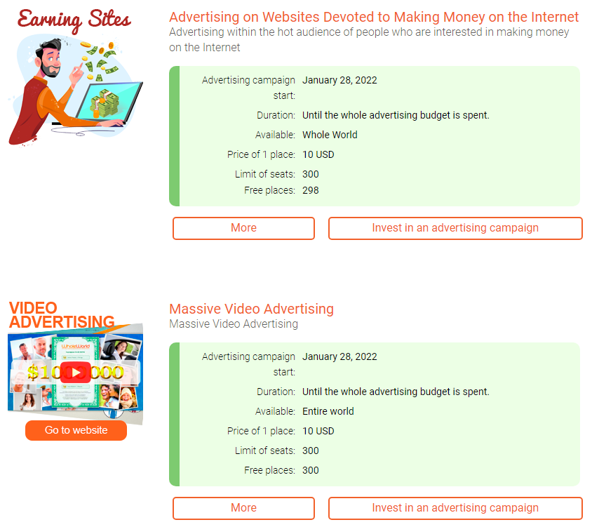 🚀 The next launch of Joint Advertising is being prepared, it will start on 28th of January - hurry up to take your places: wholeworld.biz/?page=joint_ad…

Two advertising campaigns are available simultaneously for investing. One place is priced at only 10 USD